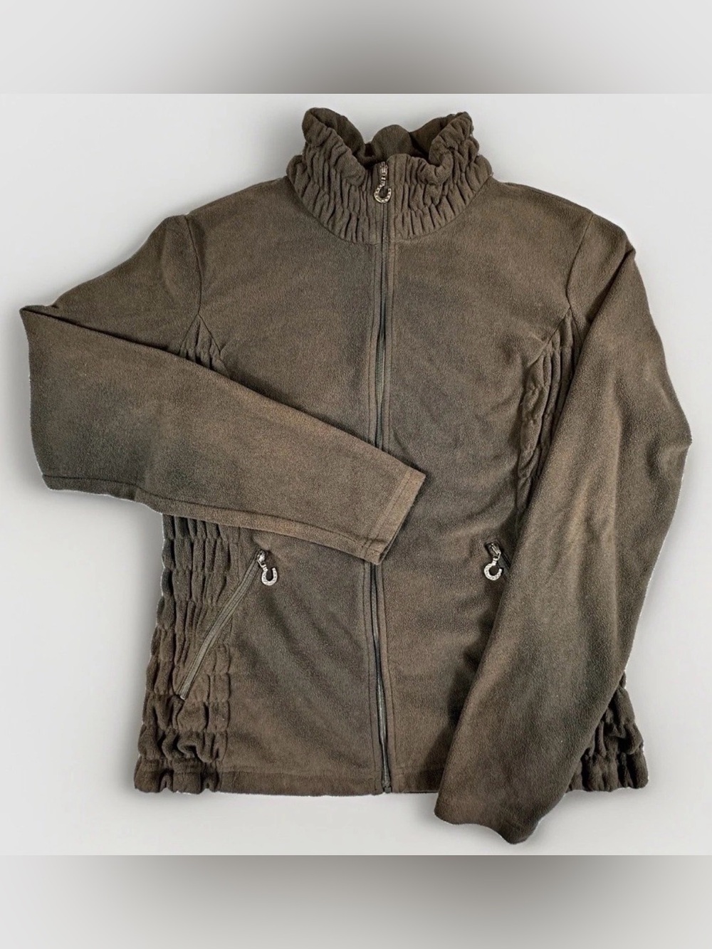 Ariat Brown Full Zip Fleece Jacket Womens XL Ruched Western Horseshoe Pockets